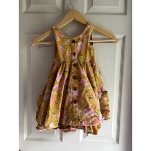 SweetHoney Floral Dress Toddler Girls 3T Mustard Yellow Pink Flower Button Back
